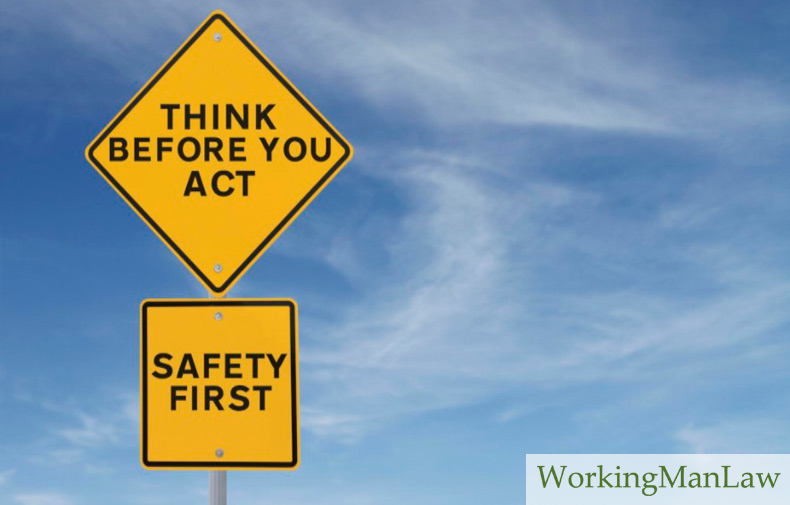 road signs that say “think before you act” and “safety first”